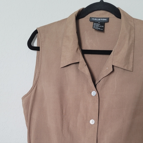 Vintage HASLTON Khaki Sleeveless Button-Down Dress Sz 12 - Picture 7 of 13